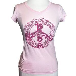 PEACE Love Mom Peace Love Harmony Peace Sign Graphic V-Neck T-Shirt Pink